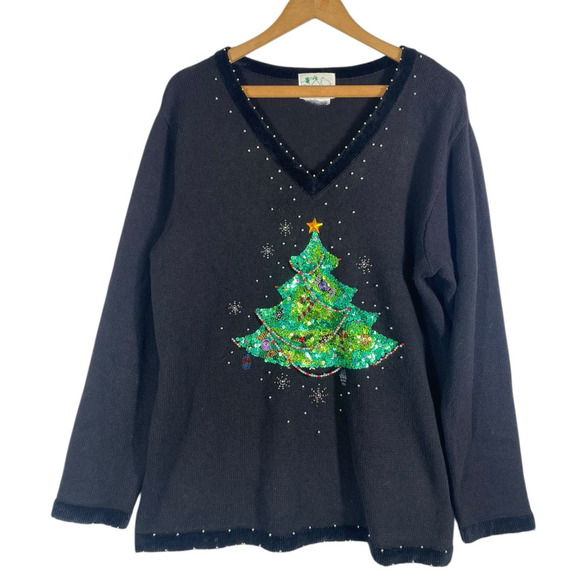 Quacker Factory Sweater Size 1X Christmas Tree Sequin Beaded Embellished Vintage - Picture 1 of 9